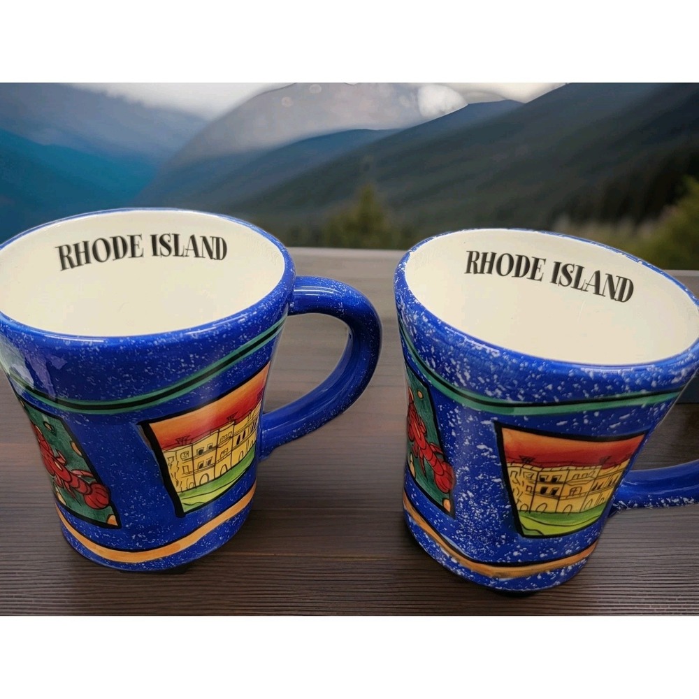 Vtg‎ Rhode Island Novelty Ceramic Mugs Set Of 2 Lobster Coastal Nautical Beach